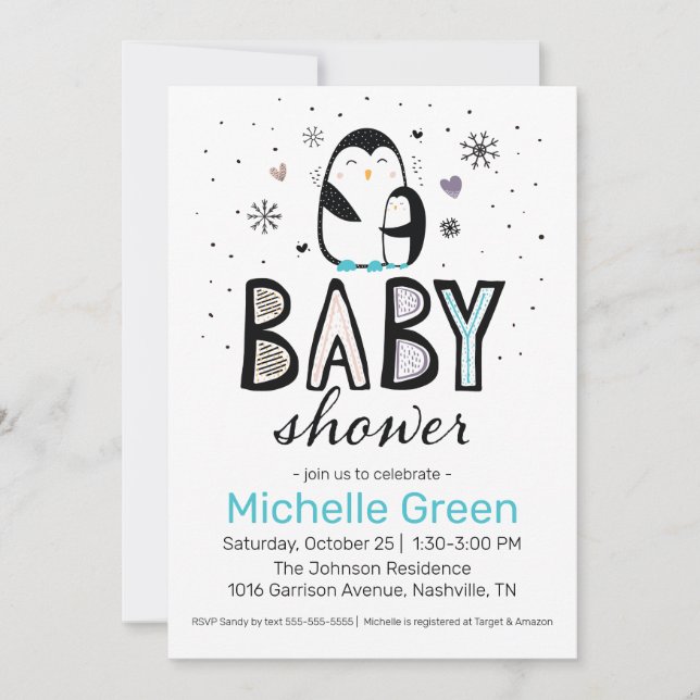 Doodle Winter Penguin Baby Shower Invitation (Front)