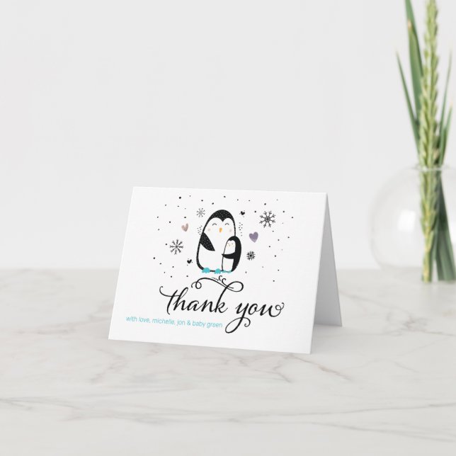Doodle Winter Penguin Baby Shower Thank You Card (Front)