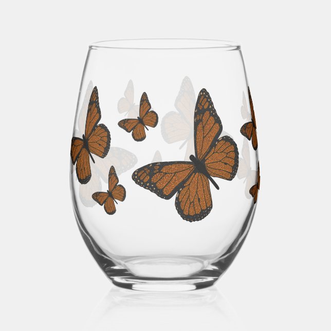 Doodled Monarch Stemless Wine Glass (Front)