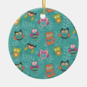Doodled Owls on Teal Ceramic Tree Decoration