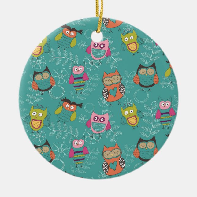 Doodled Owls on Teal Ceramic Tree Decoration (Front)