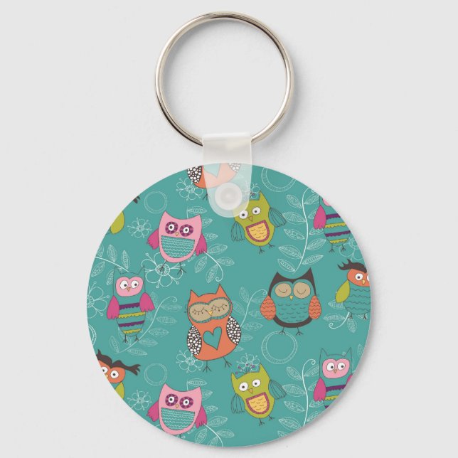 Doodled Owls on Teal Key Ring (Front)