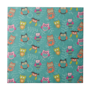 Doodled Owls on Teal Tile
