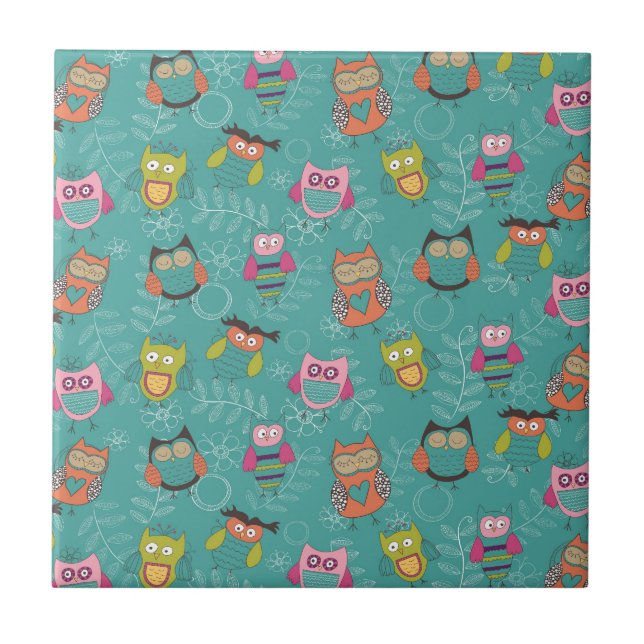 Doodled Owls on Teal Tile (Front)