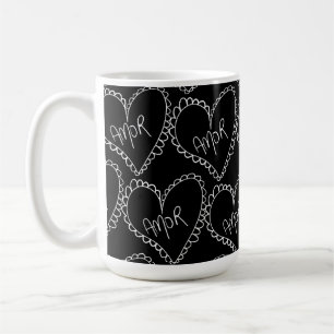 Doodles Black Hearts Valentines Day Pink Coffee Mug