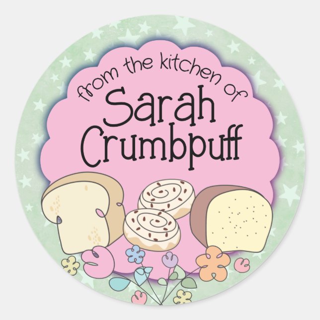 Doodles bread cinnamon roll from the kitchen of cl classic round sticker (Front)