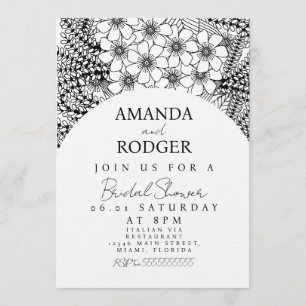 Doodles Florals Black White Bridal Shower Invitation