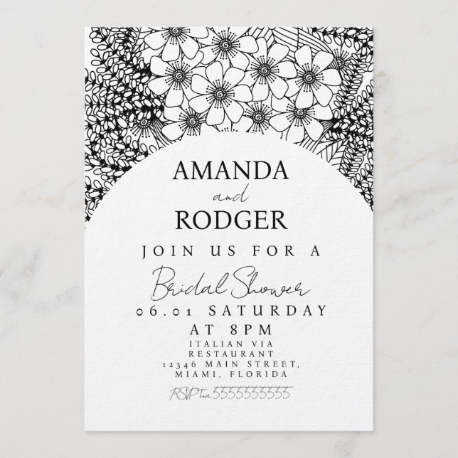 Doodles Florals Black White Bridal Shower Invitation (Front)