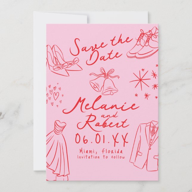 Doodles Hand Drawn Black White Groom Bride  Save The Date (Front)