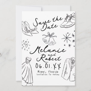 Doodles Hand Drawn Black White Groom Bride  Save The Date