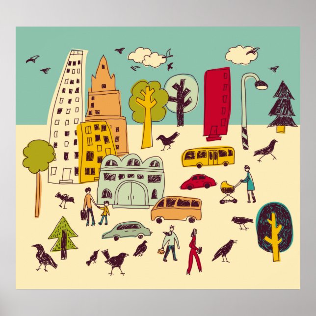Doodles urban park landscape walking color city li poster (Front)