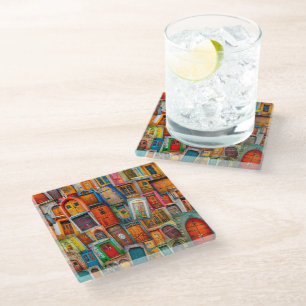 Door Art Vintage Door Collage Colourful Glass Coaster