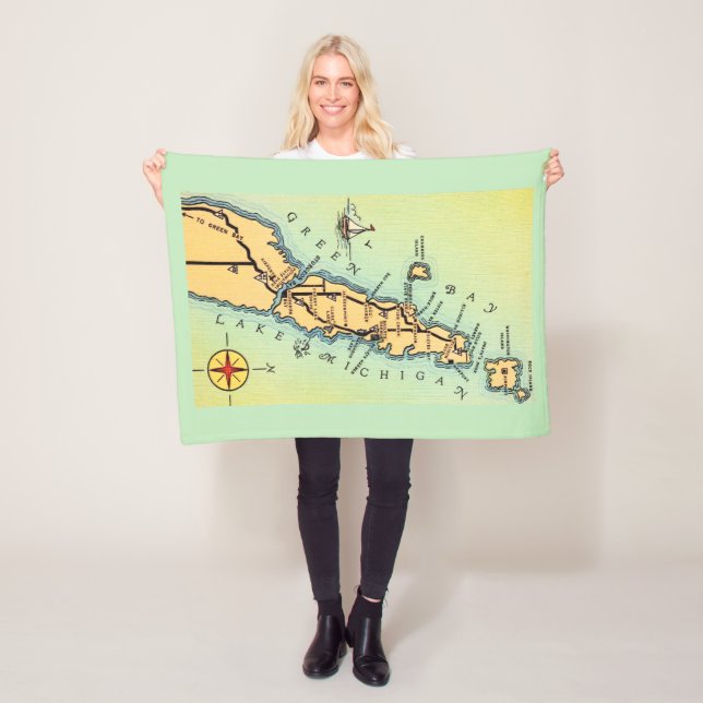 Door County Vintage Map Fleece Throw Blanket (In Situ)