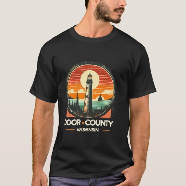 Door County Wisconsin Retro Sunset Lighthouse Sail T-Shirt (Front)