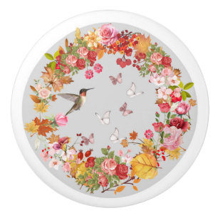 Door Handle Ceramic - grey floral  Knob