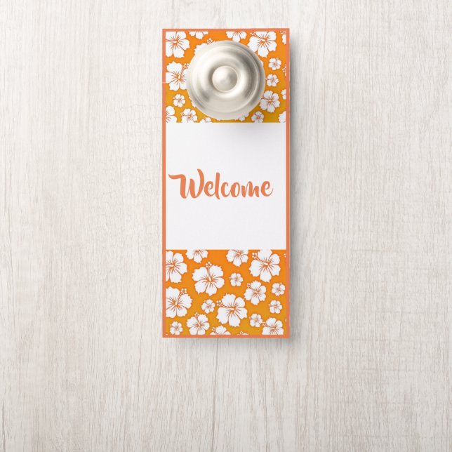 Door Hanger-Welcome Orange & White Hibiscus Print Door Hanger (On Knob)