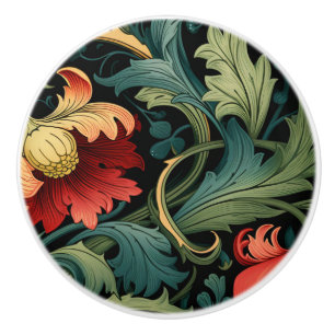 Door Knob - Art Nouveau Floral Red