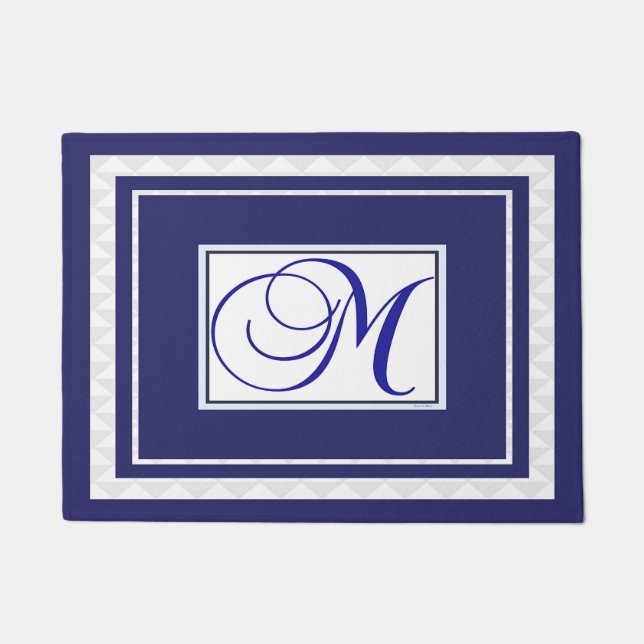Door Mat Initial M Monogram Blue White (Front)