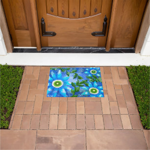 Door Mat with Blue Green Floral Abstract Art