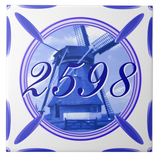 Door Number Holland Windmill Delft Blue Printed Tile (Front)