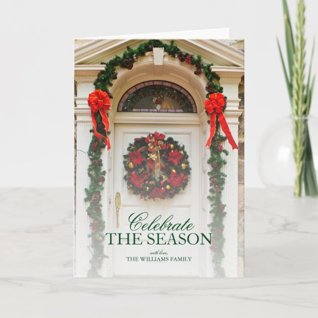 Door with wreath and Christmas decorations. Holiday Card (Front)