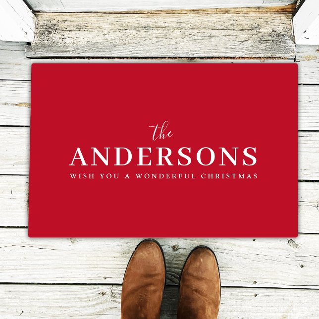 Doormat | Elegant Christmas Modern Stylish Red (Elegant modern red Christmas doormat by Guava, personalized with your family name in white script)