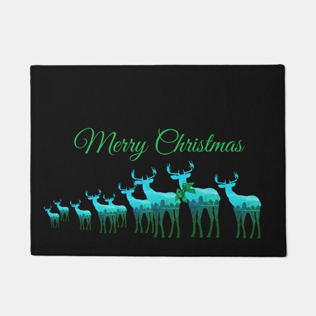 Doormat-Merry Christmas Blue-Green Deer/Elk Doormat (Front)