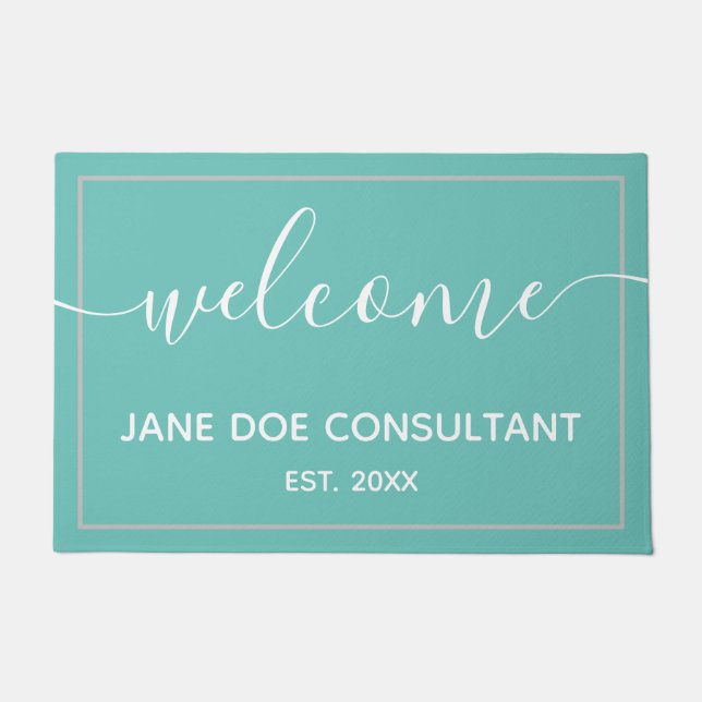 Doormat - Personalised Welcome Light Teal + White (Front)
