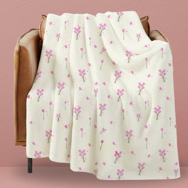Dorm Modern Girly Pink Tulips Floral Fleece Blanket (Throw Blanket)