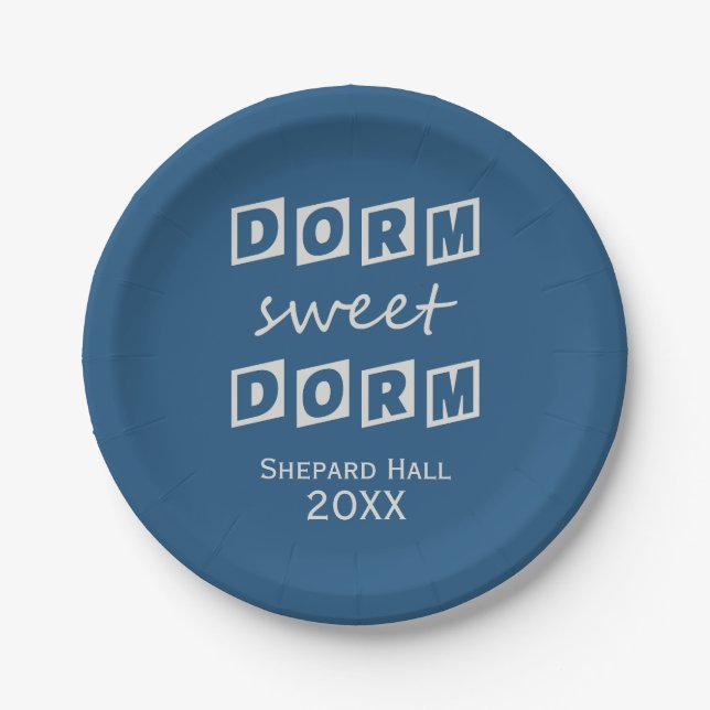 "Dorm Sweet Dorm" custom dorm party paper plates (Front)