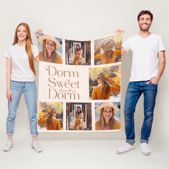 Dorm Sweet Dorm Photo Collage Room Number Orange Fleece Blanket (In Situ)