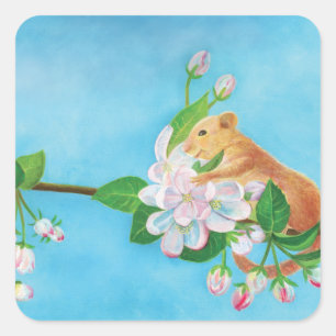 Dormouse and apple blossoms illustration  square sticker
