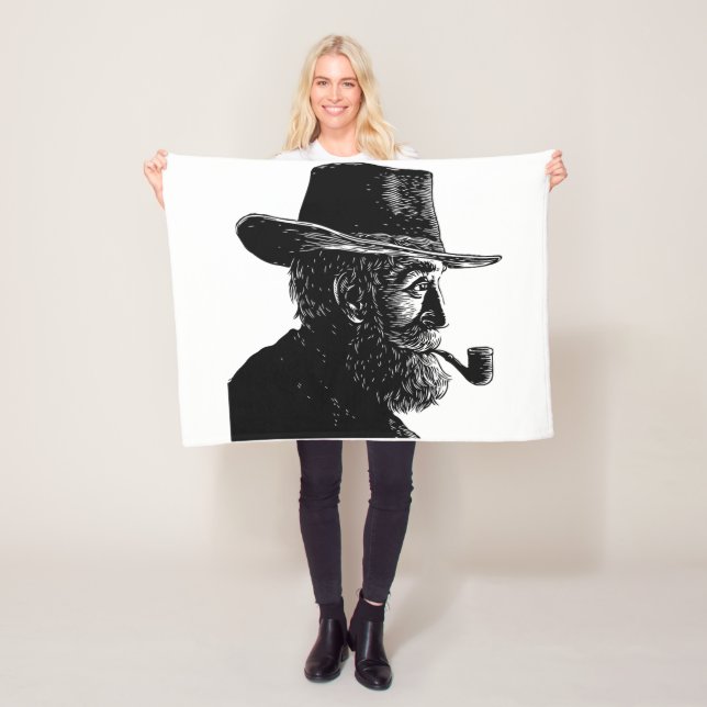 Dot and Line Portrait: Wise Old Man Smoking a Pipe Fleece Blanket (In Situ)