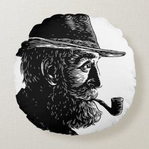 Dot and Line Portrait: Wise Old Man Smoking a Pipe Round Cushion