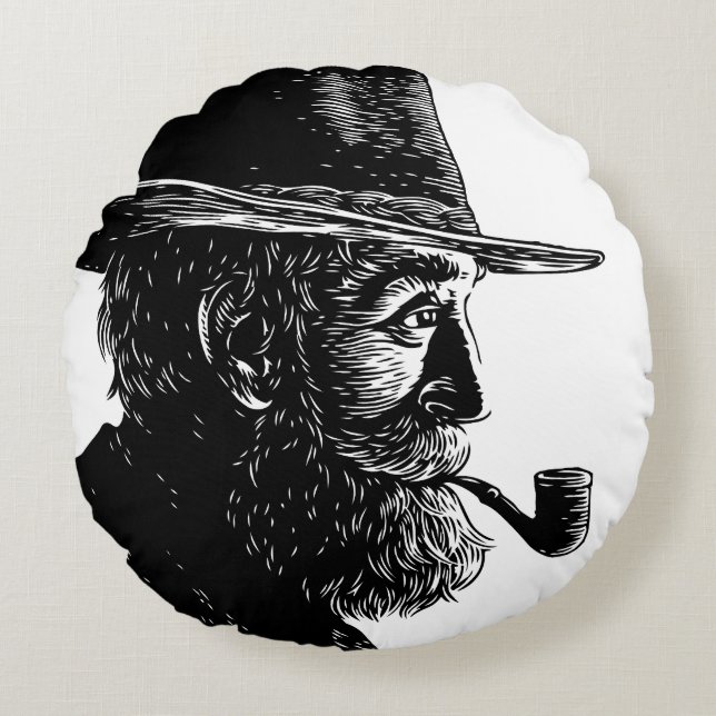 Dot and Line Portrait: Wise Old Man Smoking a Pipe Round Cushion (Front)