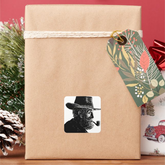Dot and Line Portrait: Wise Old Man Smoking a Pipe Square Sticker (Holiday)