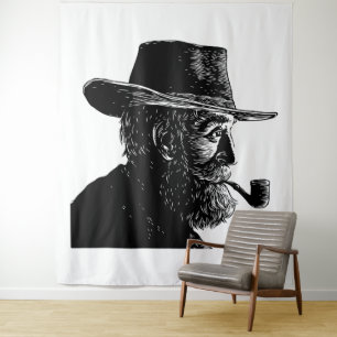 Dot and Line Portrait: Wise Old Man Smoking a Pipe Tapestry