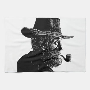 Dot and Line Portrait: Wise Old Man Smoking a Pipe Tea Towel