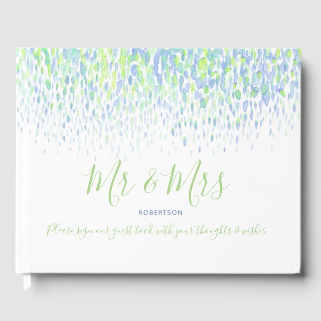 Dot art cascade custom green blue wedding guest book (Front)