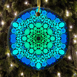 Dot Mandala Flower Blue and Green Ceramic Tree Decoration