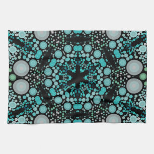 Dot Mandala Flower Blue Green and Grey Tea Towel