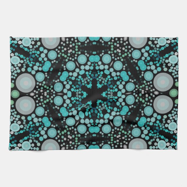 Dot Mandala Flower Blue Green and Grey Tea Towel (Horizontal)