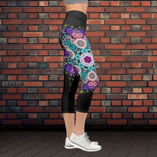 Dot Mandala Flower Blue Green and Pink Capri Leggings