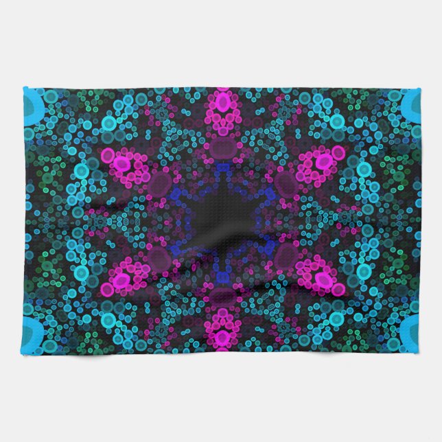 Dot Mandala Flower Blue Green and Pink Tea Towel (Horizontal)