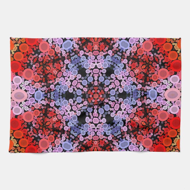 Dot Mandala Flower Blue Red and Pink Tea Towel (Horizontal)