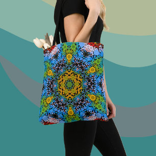 Dot Mandala Flower Blue Yellow and Green Tote Bag