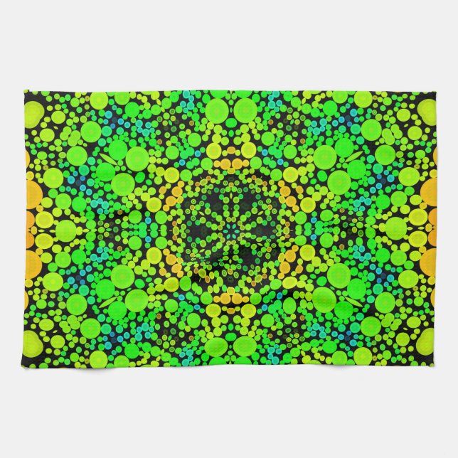 Dot Mandala Flower Green Orange and Yellow Tea Towel (Horizontal)