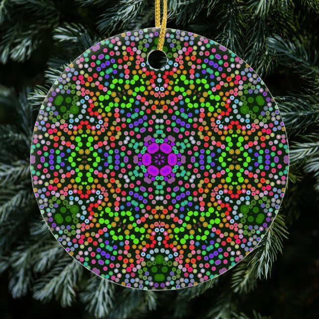 Dot Mandala Flower Green Purple and Orange Ceramic Tree Decoration (Creator Uploaded)