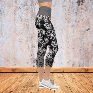 Dot Mandala Flower Grey and Black Capri Leggings