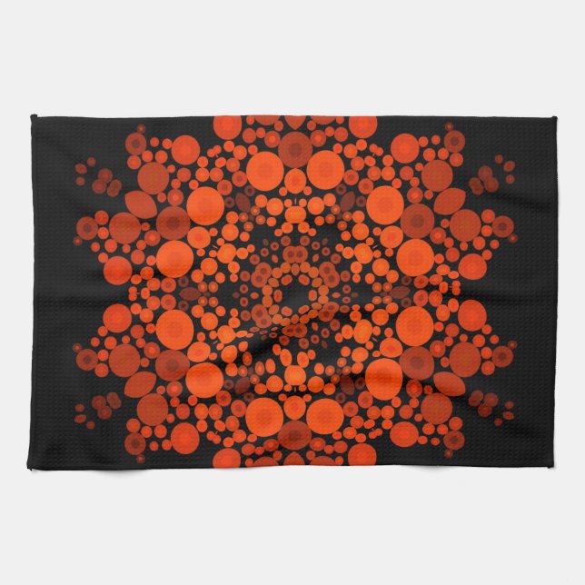 Dot Mandala Flower Orange and Black Tea Towel (Horizontal)